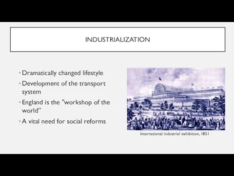 INDUSTRIALIZATION Dramatically changed lifestyle Development of the transport system England is the