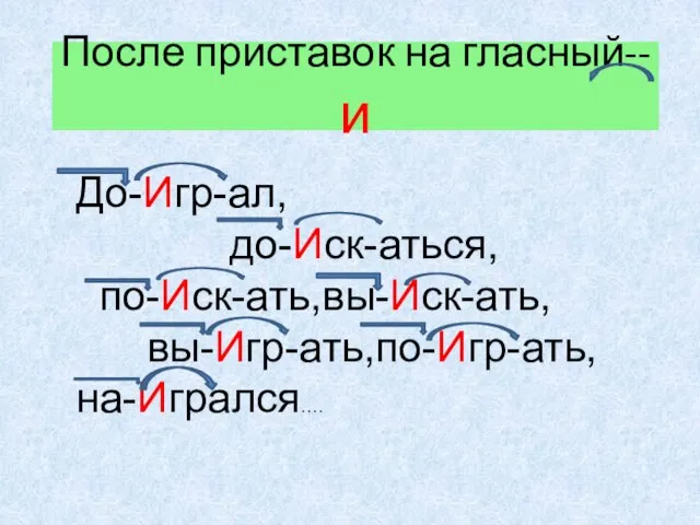 После приставок на гласный--и До-Игр-ал, до-Иск-аться, по-Иск-ать,вы-Иск-ать, вы-Игр-ать,по-Игр-ать, на-Игрался….