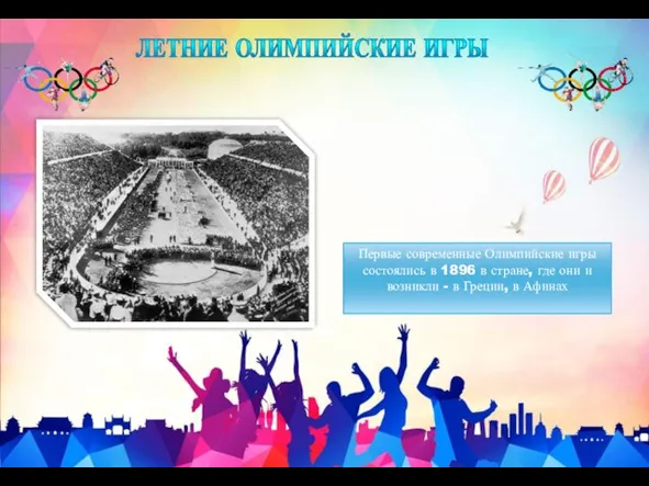 ЛЕТНИЕ ОЛИМПИЙСКИЕ ИГРЫ Первые современные Олимпийские игры состоялись в 1896 в стране,