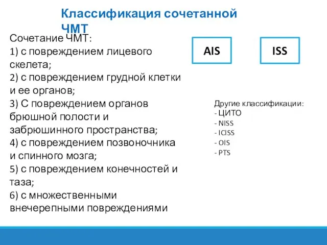 Классификация сочетанной ЧМТ Сочетание ЧМТ: 1) с повреждением лицевого скелета; 2) с