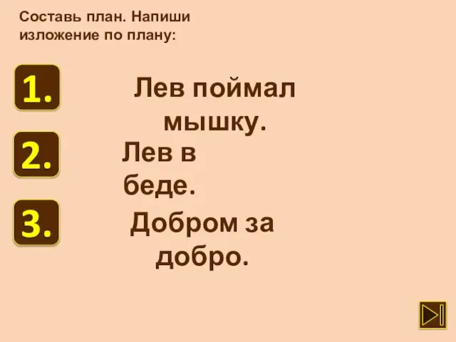 Составь план. Напиши изложение по плану: Лев поймал мышку. Лев в беде. Добром за добро.