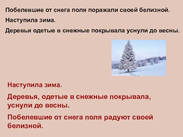 Кра Побелевшие от снега поля поражали своей белизной. Наступила зима. Деревья одетые