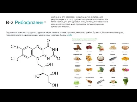 B-2 Рибофлавин- Содержится в мясных продуктах, куриных яйцах, печени, почках, дрожжах, миндале,