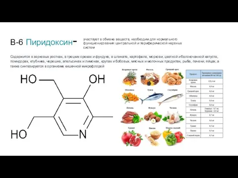 B-6 Пиридоксин- Содержится в зерновых ростках, в грецких орехах и фундуке, в