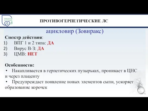 ПРОТИВОГЕРПЕТИЧЕСКИЕ ЛС ацикловир (Зовиракс) Спектр действия: ВПГ 1 и 2 типа: ДА