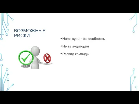 ВОЗМОЖНЫЕ РИСКИ Неконкурентоспособность Не та аудитория Распад команды