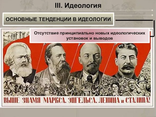 III. Идеология ОСНОВНЫЕ ТЕНДЕНЦИИ В ИДЕОЛОГИИ Отсутствие принципиально новых идеологических установок и выводов