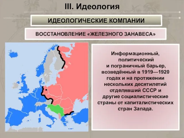 III. Идеология ВОССТАНОВЛЕНИЕ «ЖЕЛЕЗНОГО ЗАНАВЕСА» Информационный, политический и пограничный барьер, возведённый в