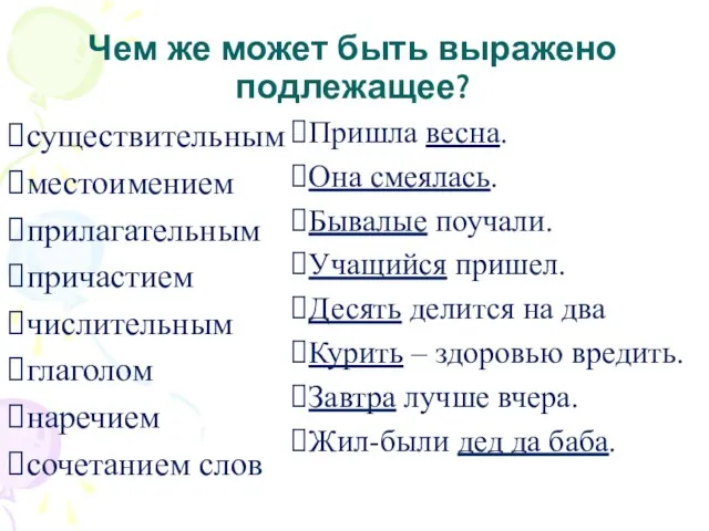 Чем же может быть выражено подлежащее? существительным местоимением прилагательным причастием числительным глаголом