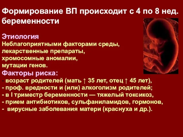 Формирование ВП происходит с 4 по 8 нед. беременности Этиология Неблагоприятными факторами