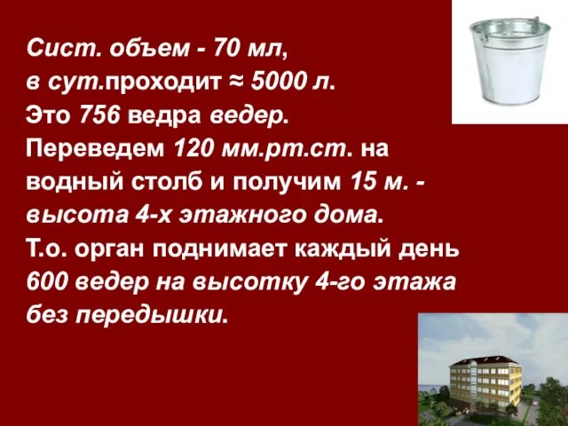 Сист. объем - 70 мл, в сут.проходит ≈ 5000 л. Это 756