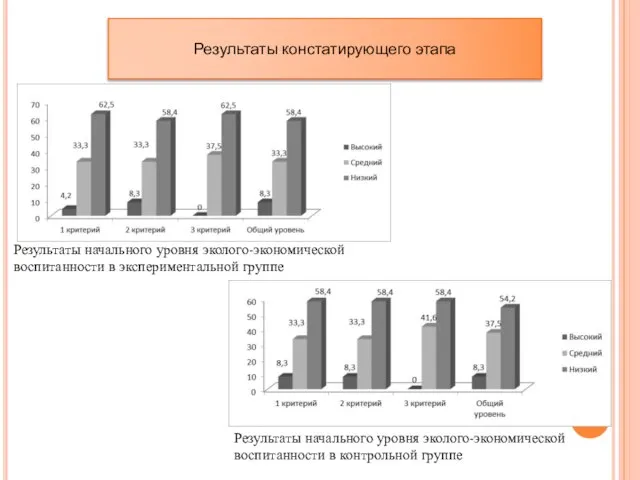 Результаты констатирующего этапа Результаты начального уровня эколого-экономической воспитанности в экспериментальной группе Результаты