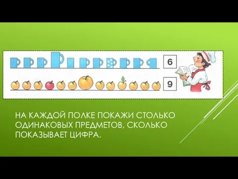 НА КАЖДОЙ ПОЛКЕ ПОКАЖИ СТОЛЬКО ОДИНАКОВЫХ ПРЕДМЕТОВ, СКОЛЬКО ПОКАЗЫВАЕТ ЦИФРА.