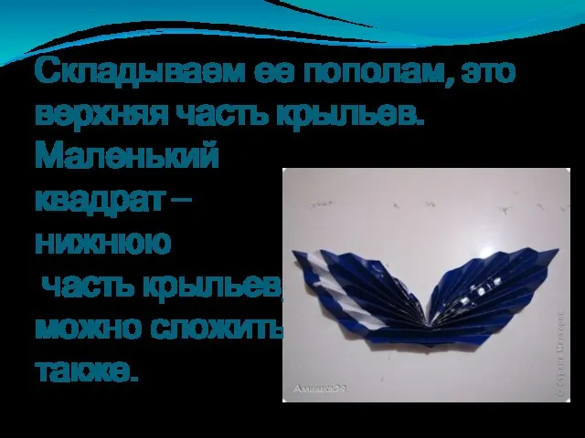 Складываем ее пополам, это верхняя часть крыльев. Маленький квадрат – нижнюю часть крыльев, можно сложить также.