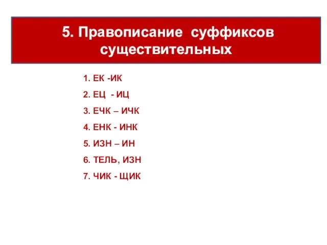 5. Правописание суффиксов существительных 1. ЕК -ИК 2. ЕЦ - ИЦ 3.