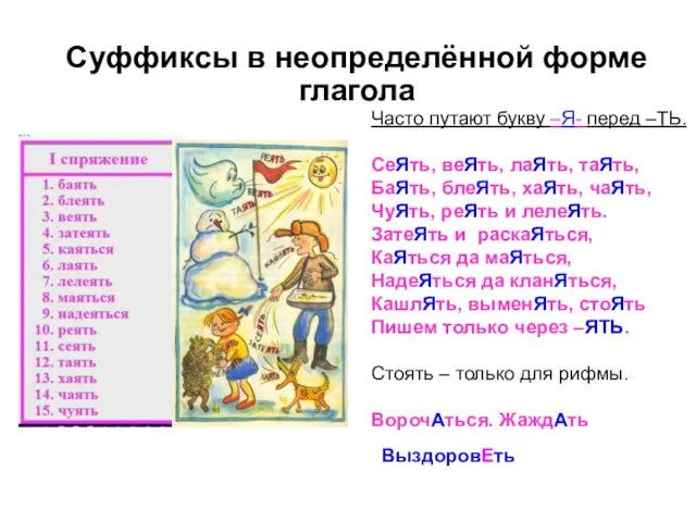 Суффиксы в неопределённой форме глагола Часто путают букву –Я- перед –ТЬ. СеЯть,