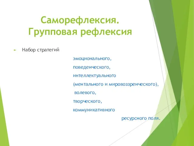 Саморефлексия. Групповая рефлексия Набор стратегий эмоционального, поведенческого, интеллектуального (ментального и мировоззренческого), волевого, творческого, коммуникативного ресурсного поля.