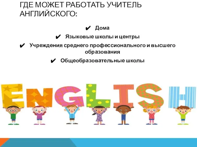 ГДЕ МОЖЕТ РАБОТАТЬ УЧИТЕЛЬ АНГЛИЙСКОГО: Дома Языковые школы и центры Учреждения среднего