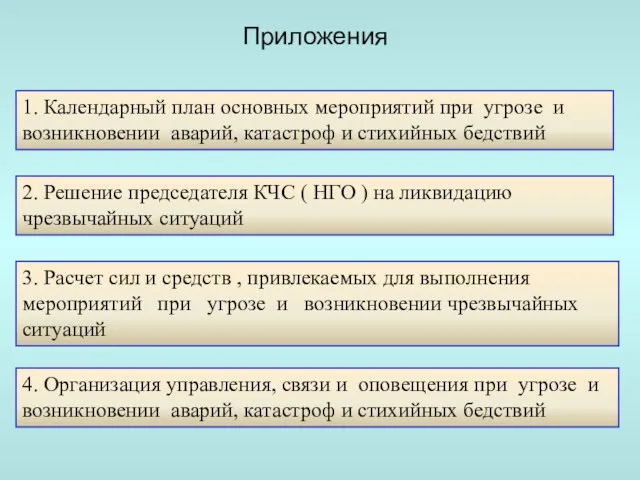 Приложения 1. Календарный план основных мероприятий при угрозе и возникновении аварий, катастроф