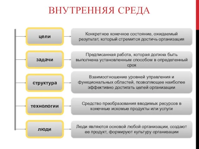 ВНУТРЕННЯЯ СРЕДА Конкретное конечное состояние, ожидаемый результат, который стремится достичь организация Предписанная