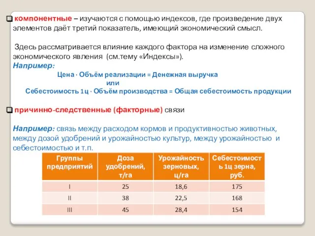 компонентные – изучаются с помощью индексов, где произведение двух элементов даёт третий