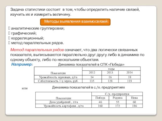 Задача статистики состоит в том, чтобы определить наличие связей, изучить их и