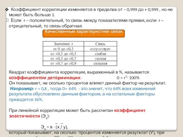 Коэффициент корреляции изменяется в пределах от – 0,999 до + 0,999 ,