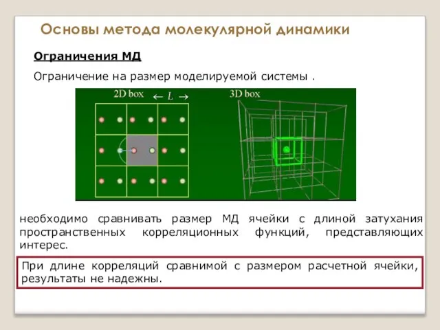 Основы метода молекулярной динамики Ограничения МД Ограничение на размер моделируемой системы .