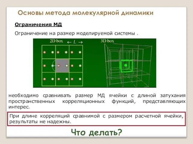 Основы метода молекулярной динамики Ограничения МД Ограничение на размер моделируемой системы .