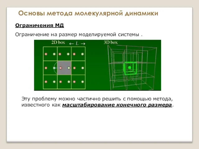 Основы метода молекулярной динамики Ограничения МД Ограничение на размер моделируемой системы .