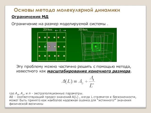 Основы метода молекулярной динамики Ограничения МД Ограничение на размер моделируемой системы .
