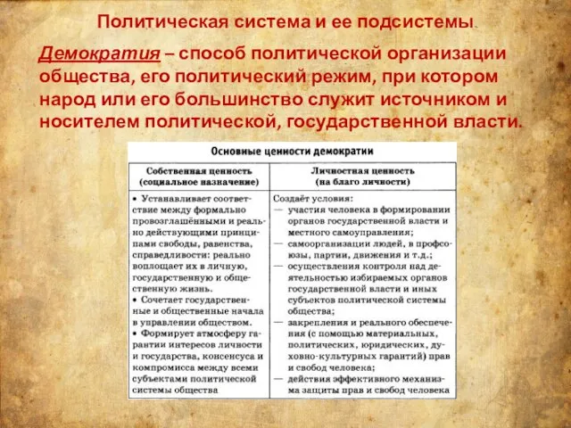 Политическая система и ее подсистемы Демократия – способ политической организации общества, его