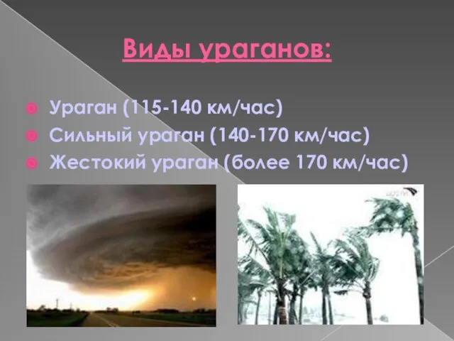 Виды ураганов: Ураган (115-140 км/час) Сильный ураган (140-170 км/час) Жестокий ураган (более 170 км/час)