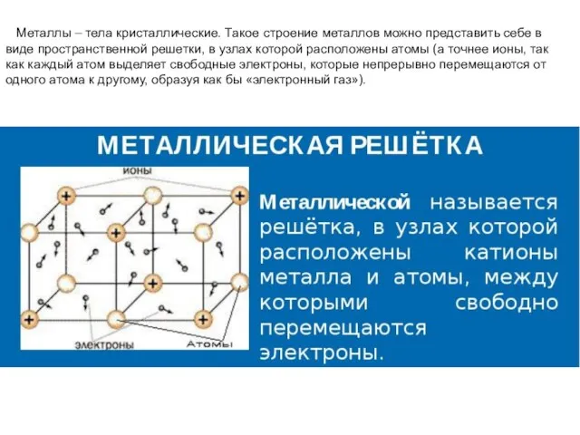 Металлы – тела кристаллические. Такое строение металлов можно представить себе в виде