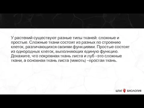 У растений существуют разные типы тканей: сложные и простые. Сложные ткани состоят