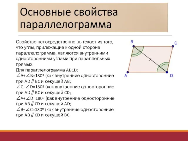 Свойство непосредственно вытекает из того, что углы, прилежащие к одной стороне параллелограмма,