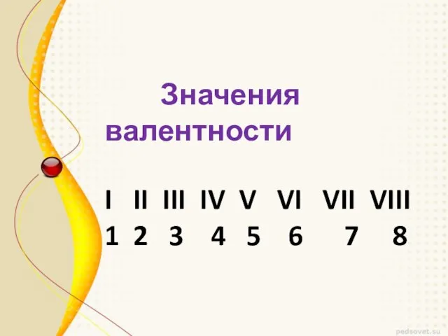 Значения валентности I II III IV V VI VII VIII 1 2