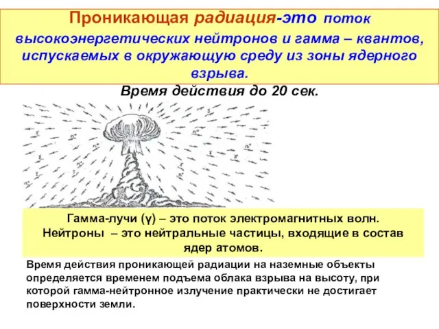 Проникающая радиация-это поток высокоэнергетических нейтронов и гамма – квантов, испускаемых в окружающую