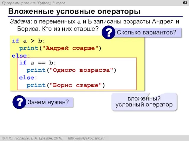 Вложенные условные операторы if a > b: print("Андрей старше") else: if a