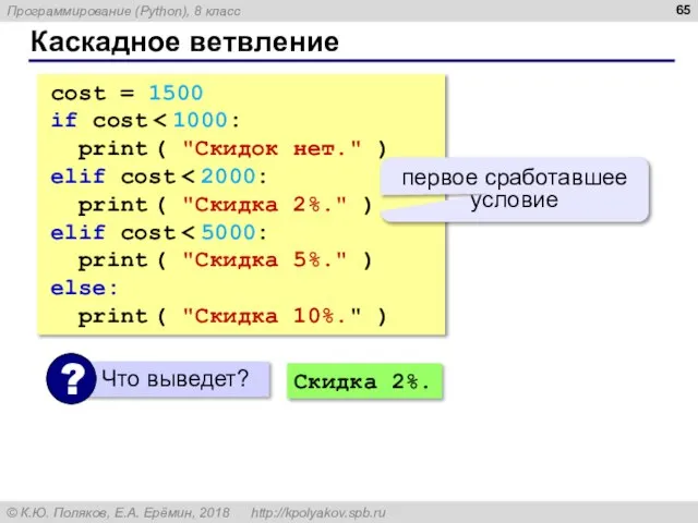 Каскадное ветвление cost = 1500 if cost print ( "Скидок нет." )