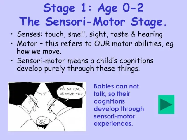 Stage 1: Age 0-2 The Sensori-Motor Stage. Senses: touch, smell, sight, taste