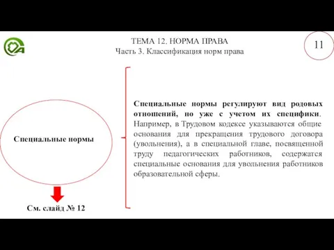 ТЕМА 12. НОРМА ПРАВА Часть 3. Классификация норм права 11 Специальные нормы