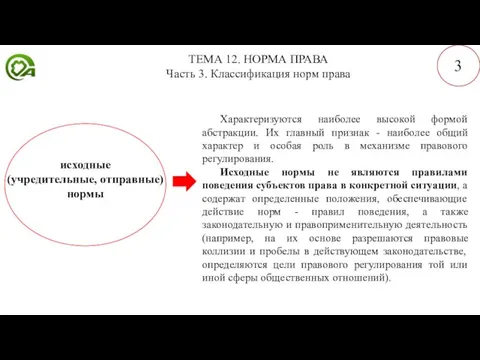 ТЕМА 12. НОРМА ПРАВА Часть 3. Классификация норм права 3 исходные (учредительные,