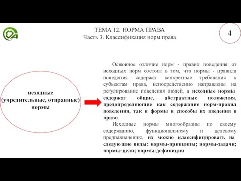 ТЕМА 12. НОРМА ПРАВА Часть 3. Классификация норм права 4 исходные (учредительные,