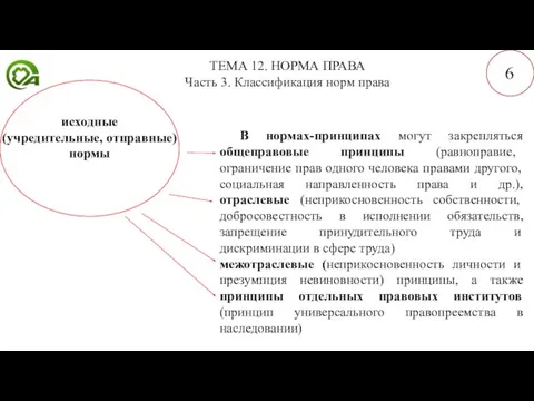 ТЕМА 12. НОРМА ПРАВА Часть 3. Классификация норм права 6 исходные (учредительные,