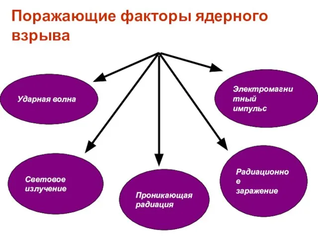 Поражающие факторы ядерного взрыва Ударная волна Световое излучение Электромагнитный импульс Радиационное заражение Проникающая радиация