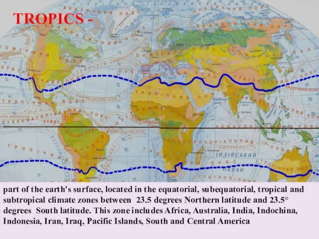 TROPICS - part of the earth's surface, located in the equatorial, subequatorial,