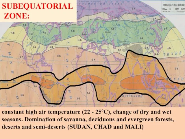 SUBEQUATORIAL ZONE: constant high air temperature (22 - 25oC), change of dry