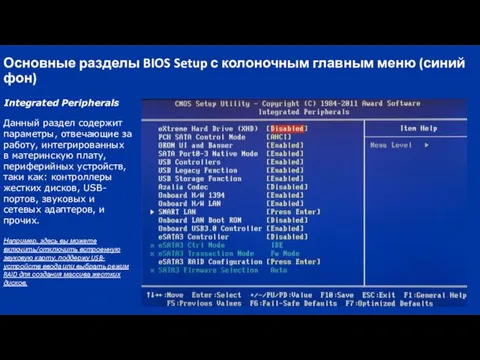 Основные разделы BIOS Setup с колоночным главным меню (синий фон) Integrated Peripherals