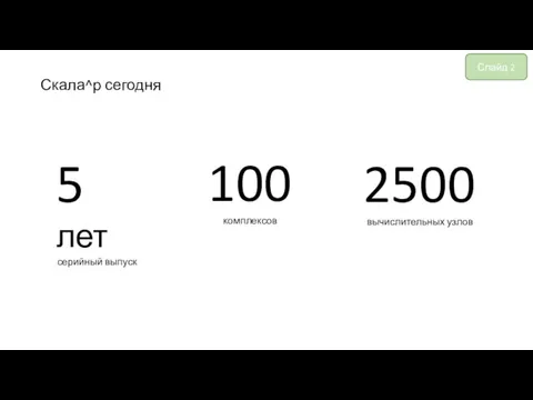 Скала^р сегодня Слайд 2 5 лет серийный выпуск 100 комплексов 2500 вычислительных узлов